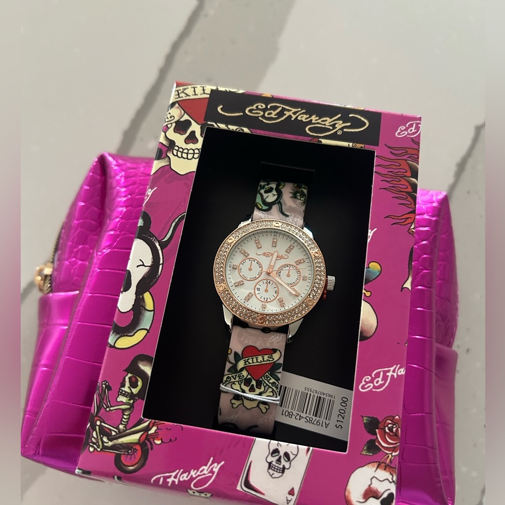 Ed Hardy Pink tattoo print Watch and zipper pouch gift Set